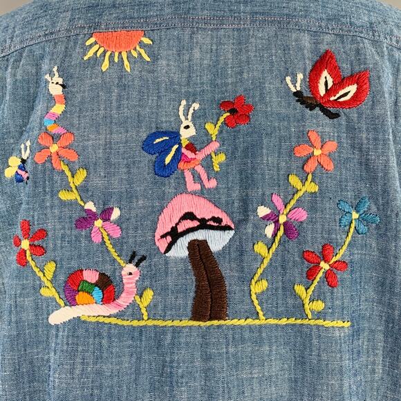 NEEDLES Size M Blue Multi Color Embroidery Chambray Snaps Long Sleeve Shirt - Picture 5 of 7